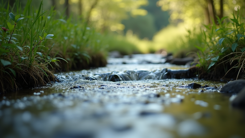 Close-up view of a serene nature scene with a flowing stream