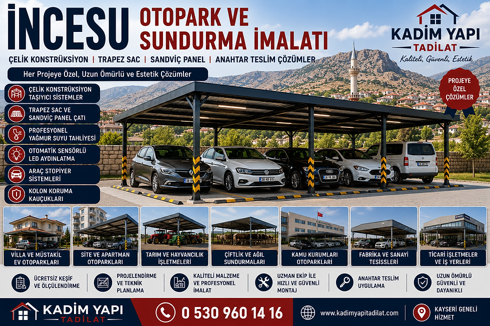 İncesu otopark ve sundurma imalatı hakkında hazırlanan bu içerik; site, apartman, villa, müstakil ev, fabrika, organize sanayi tesisleri ve ticari işletmeler için çelik konstrüksiyon otopark sistemleri, araç sundurmaları, trapez sac ve sandviç panel çatı uygulamaları, dekoratif alınlıklar, otomatik sensörlü LED aydınlatma, araç stopiyerleri ve kolon koruma kauçukları hakkında bilgilendirme amacıyla hazırlanmıştır.