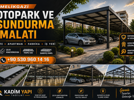 Melikgazi otopark ve sundurma imalatı hakkında hazırlanan bu içerik; site, apartman, fabrika ve iş yerleri için çelik konstrüksiyon otopark sistemleri, araç sundurmaları, trapez sac ve sandviç panel uygulamaları, dekoratif alınlık seçenekleri, otomatik sensörlü LED aydınlatma, araç stopiyerleri ve kolon koruma sistemleri hakkında bilgilendirme amacıyla hazırlanmıştır.