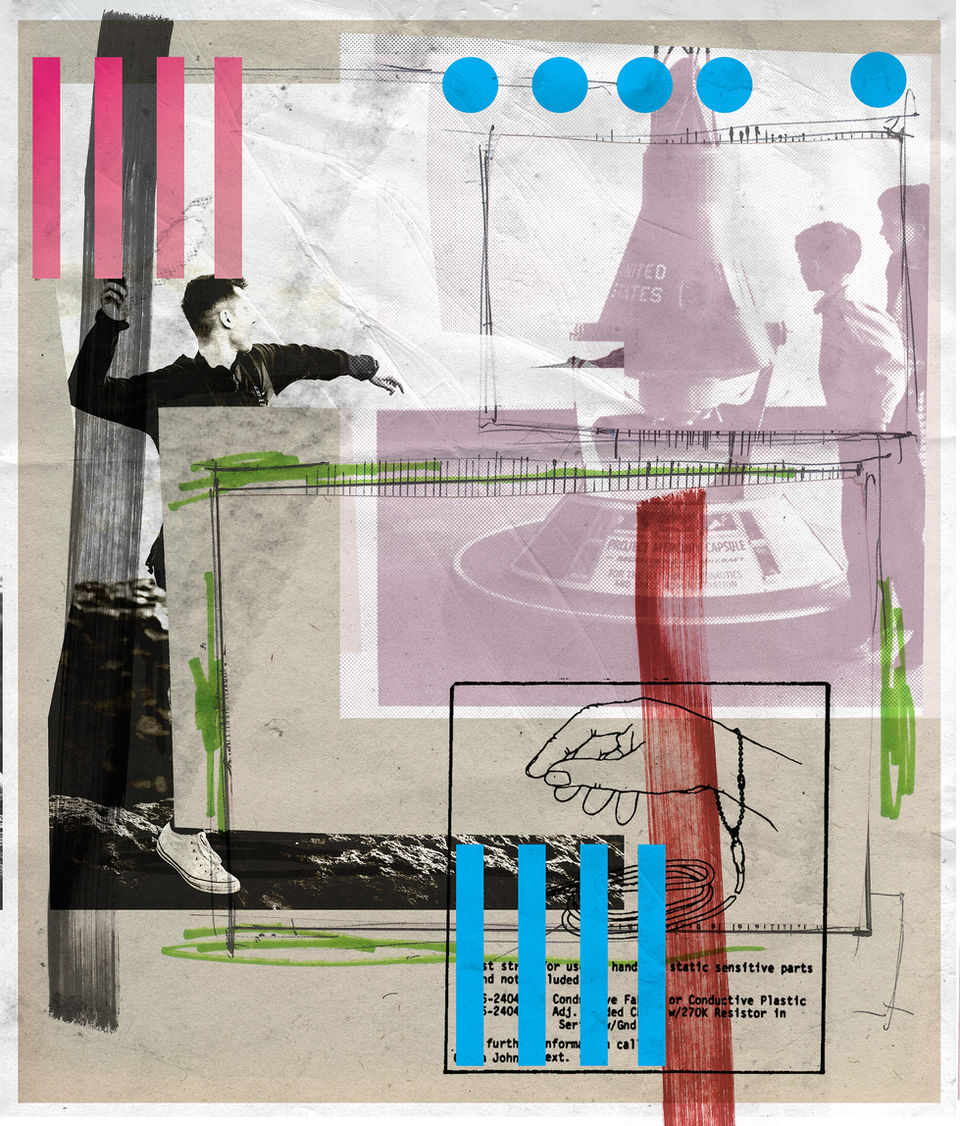 a collage with a 60's vibe. a man throwing something at a space capsule.