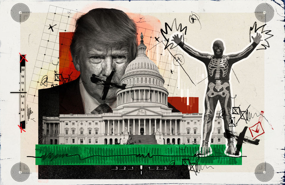 Editorial Illustration. Donald Trump at the white house and Americas return on investment in him. Digital Collage.