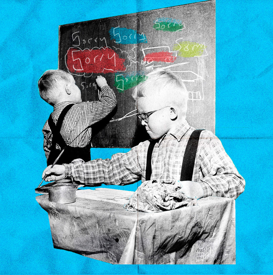 editorial collage. two kids drawing 'sorry' on a blackboard.