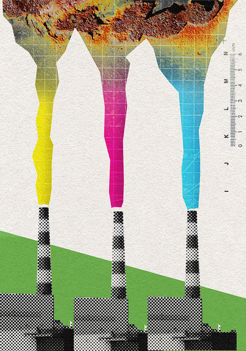Editorial | environmental isssue. 3 collaged factories with cmyk smoke coming out of them to a decaying sky