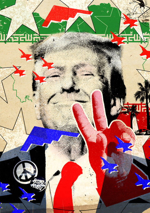 political editorial illustration. trump on a poste with iran as a backdrop and a slogan saying not the president of peace. poster