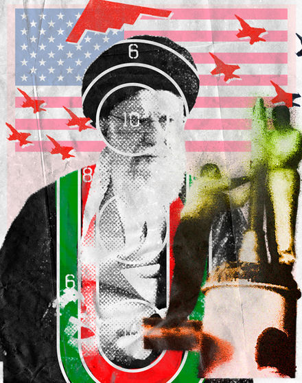 the ayatollah of Iran depicted with a target on him and american fighter planes overhead.  political editorial illustration. 