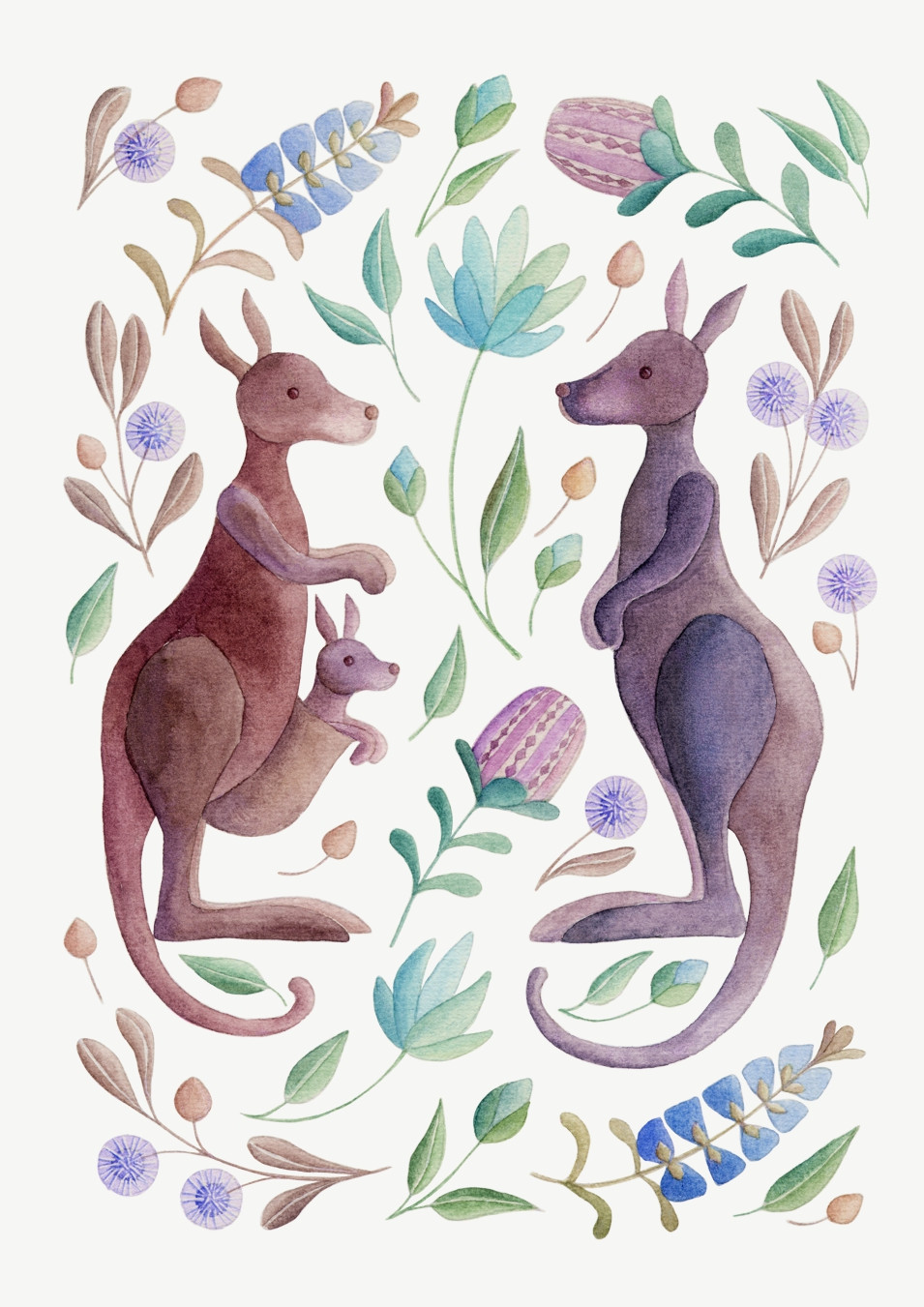 Kangaroo Family among Flowers - Giclée Art Prints