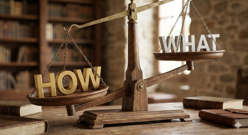 Balance scale weighing 'HOW' heavier than 'WHAT'