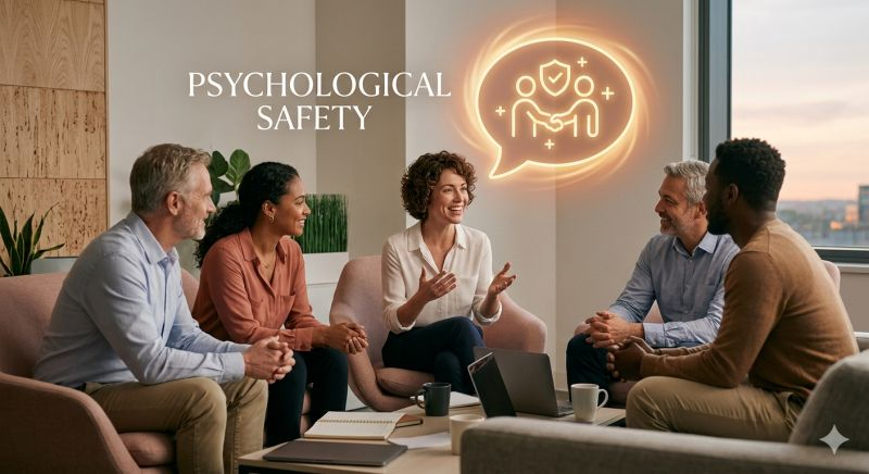 Diverse team in a meeting with Psychological Safety text and icon.