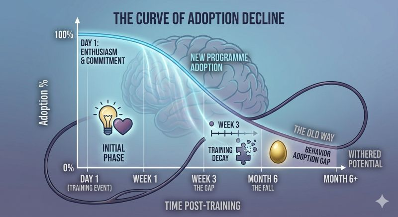 The Curve of Adoption Decline showing L&D training decay.