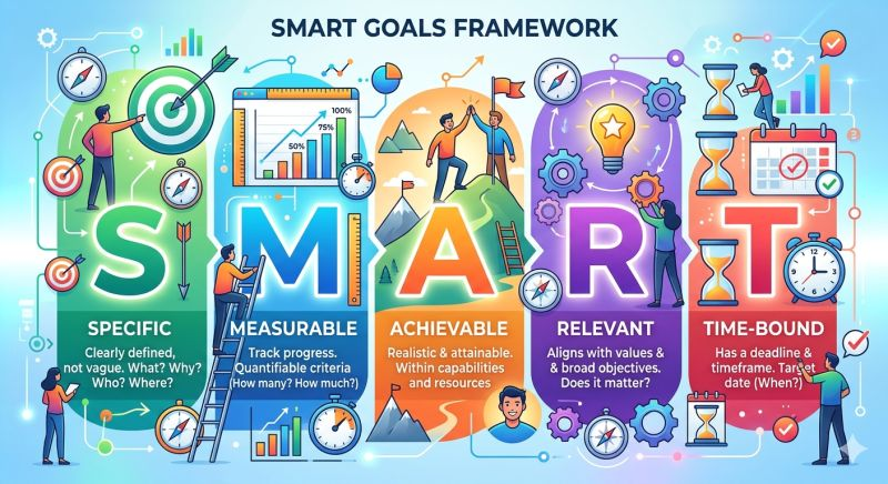 SMART Goals Framework diagram covering Specific to Time-Bound