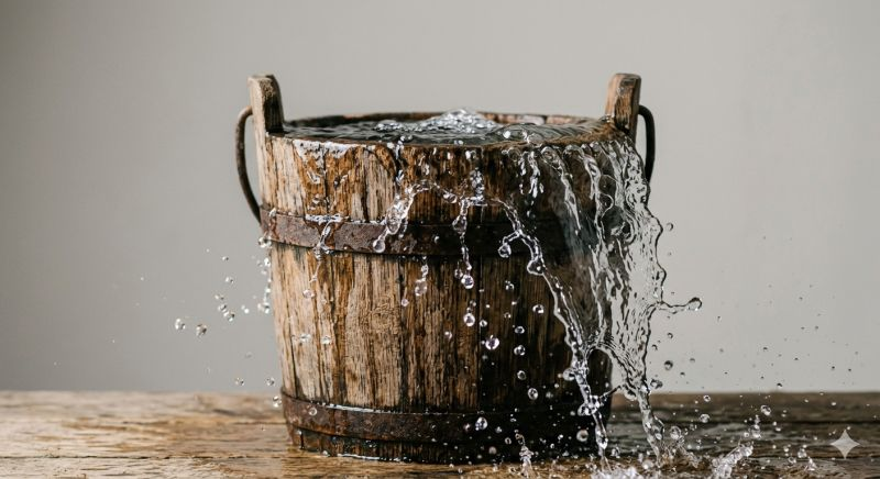 Water overflowing from a rustic wooden bucket.