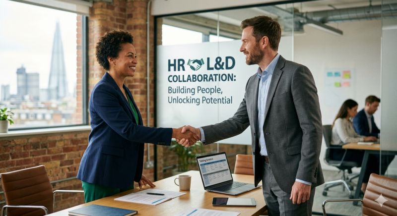 HR and L&D professionals shaking hands in an office.