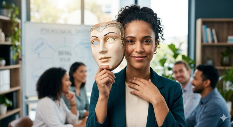 Woman holding a theatrical mask in an office setting
