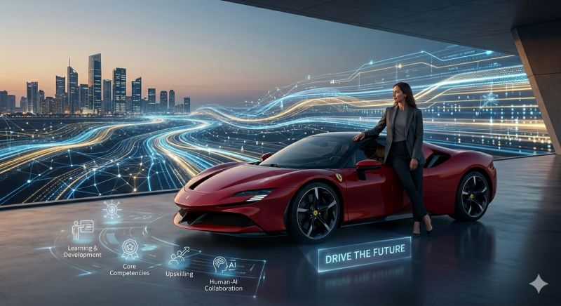 Professional standing by a red sports car overlooking a city at dusk with digital data streams and L&D icons.