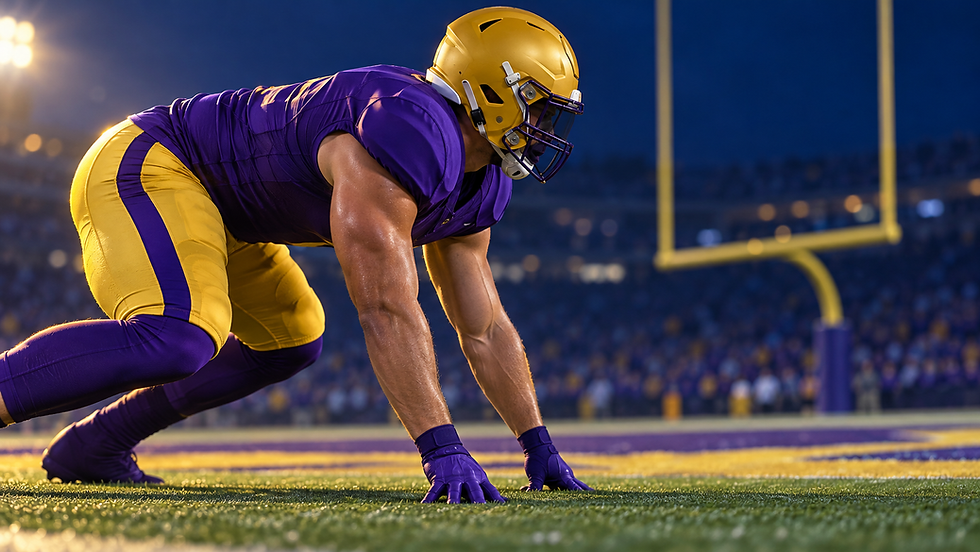Anonymous purple-and-gold tight end in a three-point stance, representing Roman Mothershed’s larger LSU role after scoring against McNeese