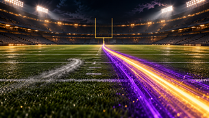 Night football field with a long purple and gold light trail and a shorter gray trail illustrating LSU’s yardage gap