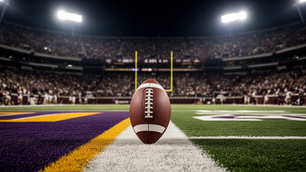 Football at midfield under stadium lights with purple-and-gold and maroon-and-white sideline accents