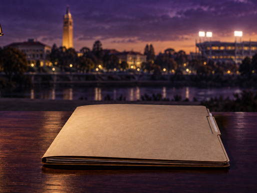 Symbolic editorial cover showing a closed case file with the LSU campus and Tiger Stadium blurred in the background