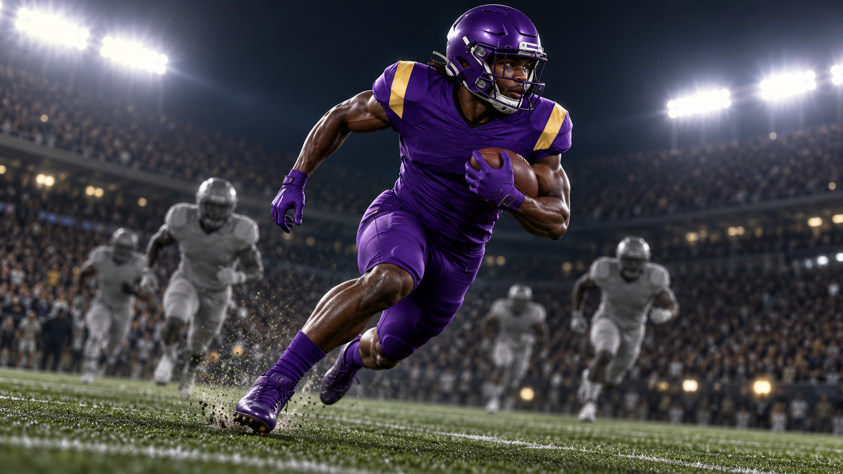 Illustration of an LSU-style receiver in a plain purple and gold uniform accelerating into open field during a night game