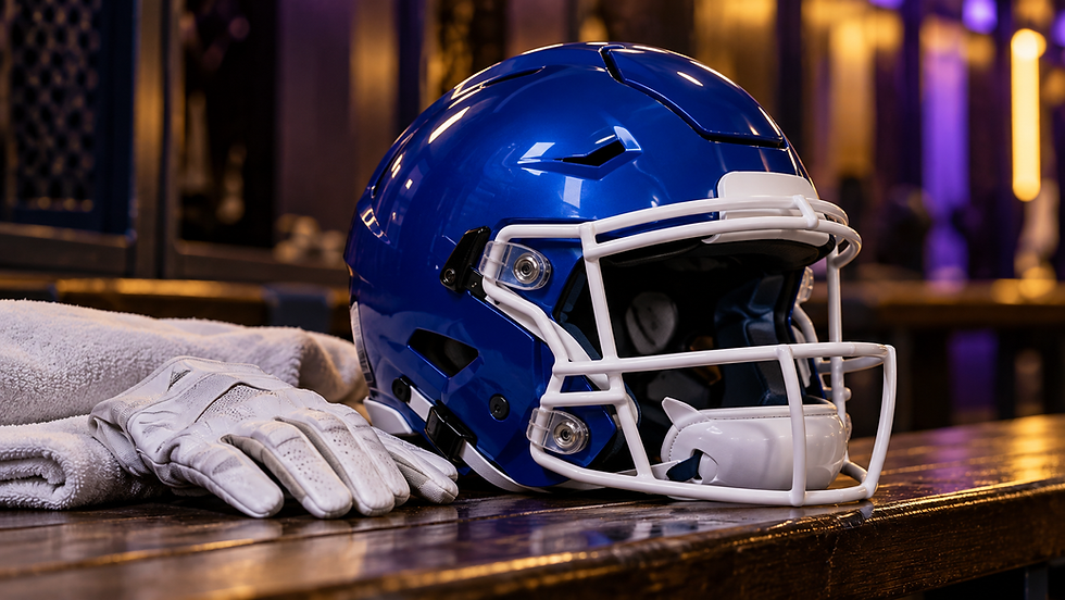 Logo-free blue football helmet and gloves represent Kentucky’s versatile tight-end package before LSU