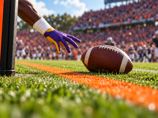 Unbranded purple-and-gold glove reaching for a football beyond an orange first-down line at an Auburn-style stadium