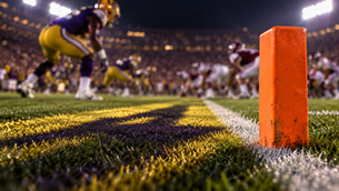 Orange goal-line pylon with a purple-and-gold defense facing a blurred maroon offense, illustrating LSU’s red-zone matchup with Mississippi State