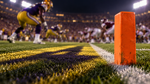 Orange goal-line pylon with a purple-and-gold defense facing a blurred maroon offense, illustrating LSU’s red-zone matchup with Mississippi State