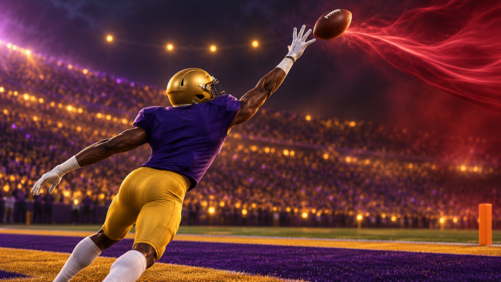 Editorial illustration of an anonymous purple-and-gold defensive back deflecting a crimson passing threat before LSU–Alabama