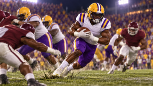 Stylized purple-gold-and-white ball carrier cutting through a lane against maroon defenders