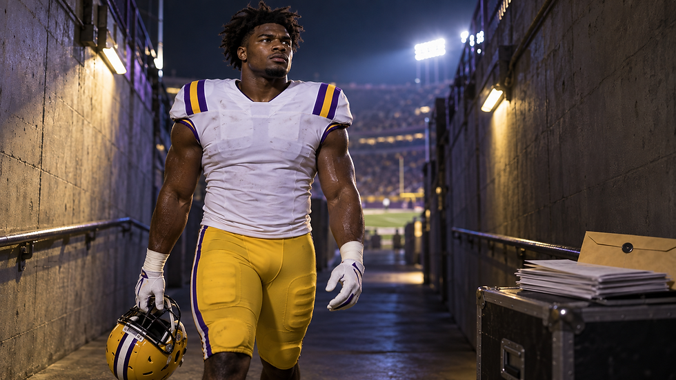 LSU defensive end under stadium lights with civil court papers symbolizing the Ole Miss contract lawsuit