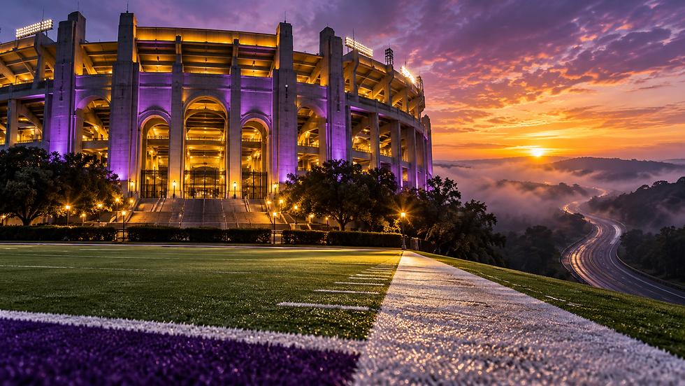 Purple-and-gold stadium beside a misty highway illustrating LSU's perfect home record and road struggles