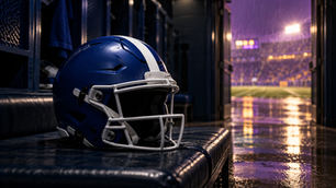 Logo-free blue football helmet left on a locker-room bench to symbolize Kalen Edwards being out for Kentucky against LSU