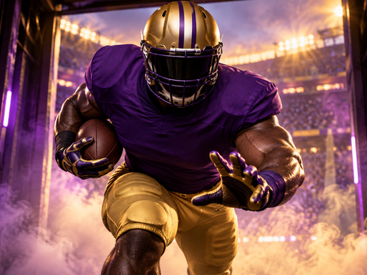Conceptual purple-and-gold defensive lineman carrying a football to illustrate Deuce Geralds’ two-way role for LSU