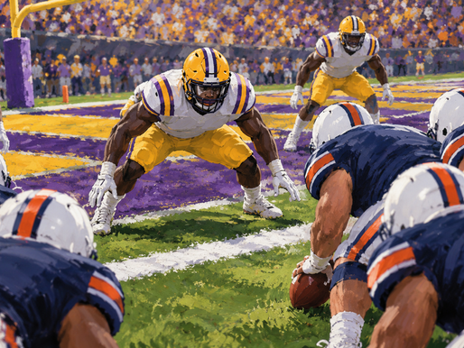 Illustrated LSU defender set at the goal line against Auburn’s offense before the 2026 matchup