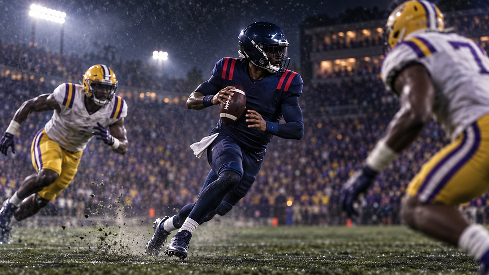 Ole Miss dual-threat quarterback rolling away from pressure as LSU defenders close in under stadium lights