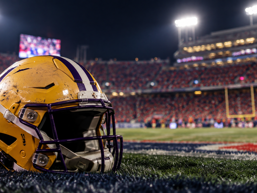 Gold and purple football helmet under stadium lights after LSU’s 32-24 loss at Ole Miss in 2026