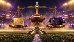 Balanced brass scale with football, play card and shoulder pad symbolizing LSU’s top-20 offense and defense