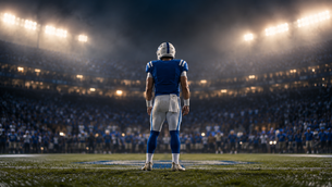 Anonymous blue-and-white college quarterback standing at midfield beneath overtime stadium lights, illustrating Kentucky’s comeback before facing LSU