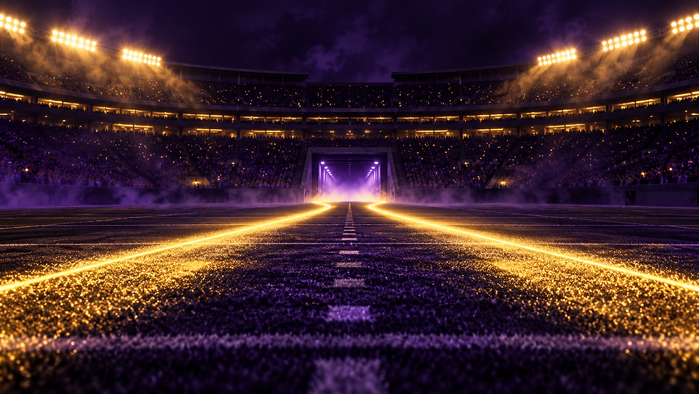 Two glowing gold paths converging at a purple-lit stadium tunnel at night