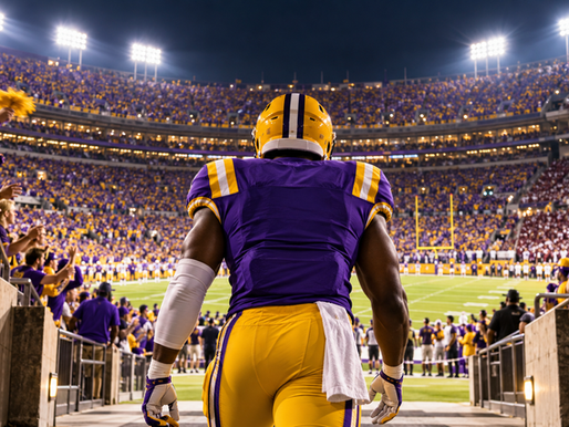 LSU-style football player entering a packed stadium for the Texas A&M night game