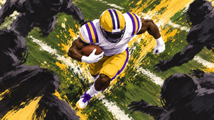 Graphic illustration of an LSU-style running back in a plain white, purple and gold uniform cutting through a crowded rushing lane