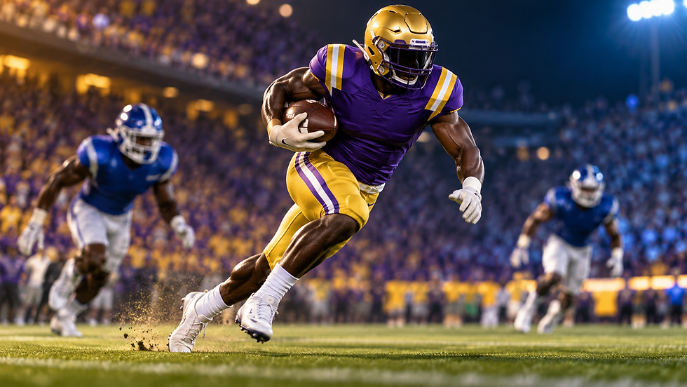 Anonymous purple-and-gold running back attacks a lane against blue defenders, symbolizing LSU’s rushing depth versus Kentucky’s thin linebacker room