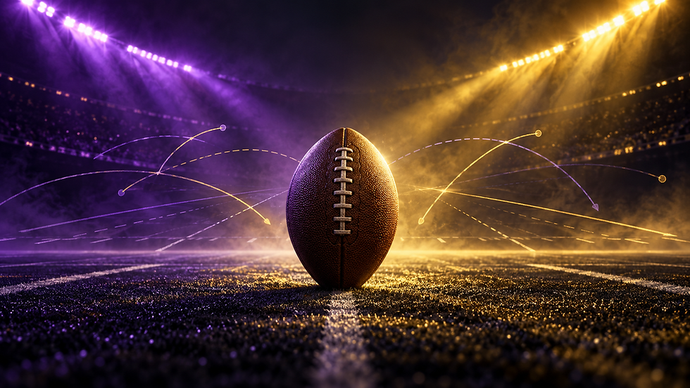 Editorial illustration of a football centered under purple and gold stadium lights with abstract route paths suggesting LSU’s complete offense
