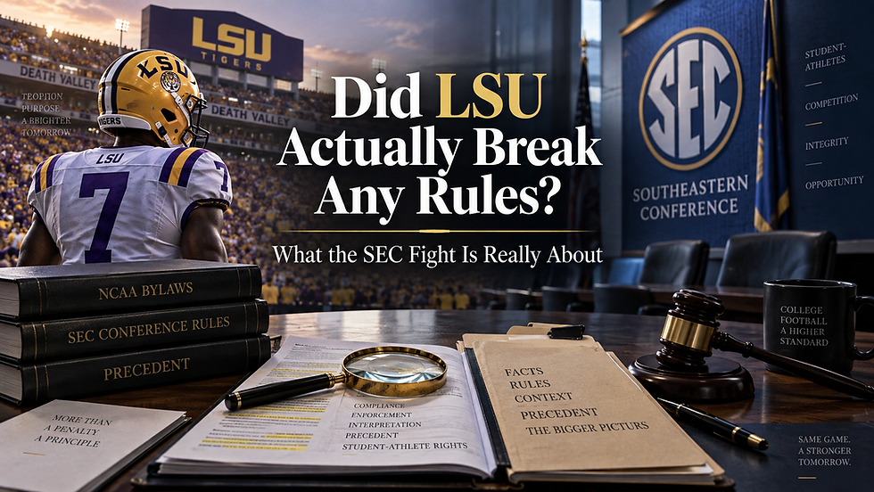 LSU legal documents and SEC rules graphic examining whether LSU broke conference rules.