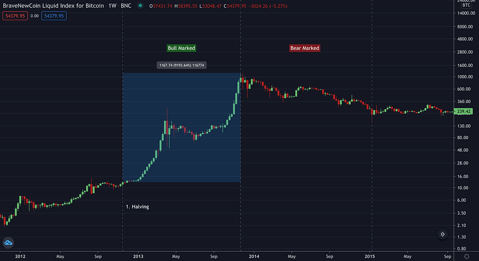 Billede af den første halving d. 28. november 2012, og på dette tidspunkt var Bitcoins pris på $12,22 og sted i de efterfølgende måneder til over $1000