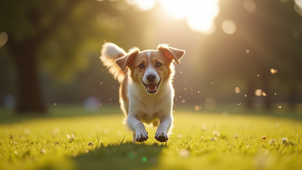 Eye-level view of a dog playing fetch in a sunny park