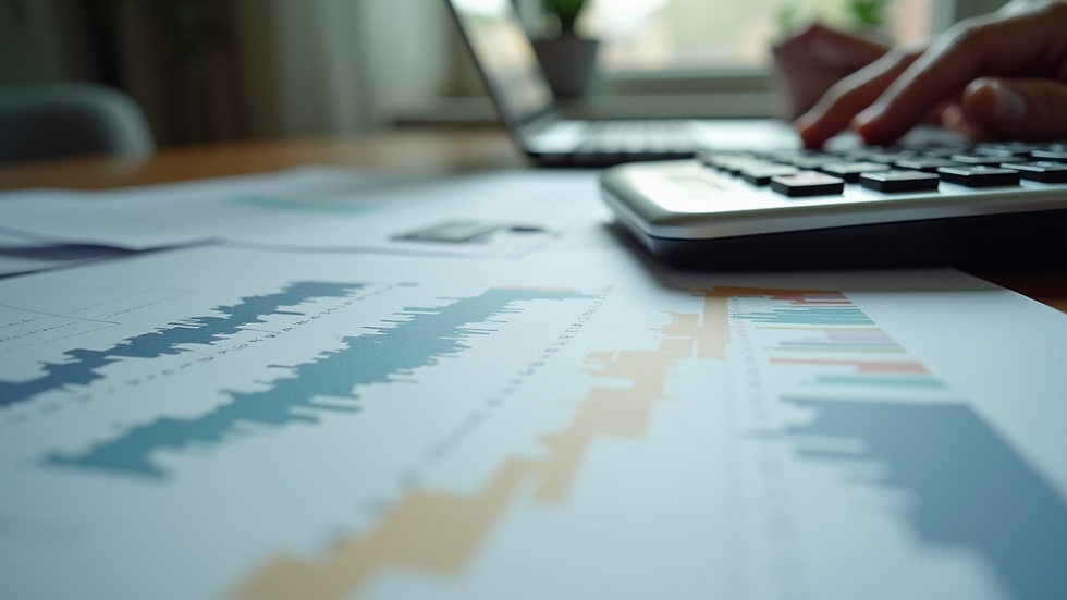 Eye-level view of a calculator and financial documents on a desk