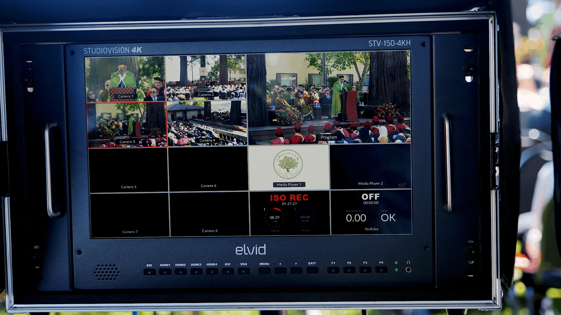 Multiview display on a live stream monitor showing multiple camera feeds, the program output, and a countdown timer during a commencement broadcast.