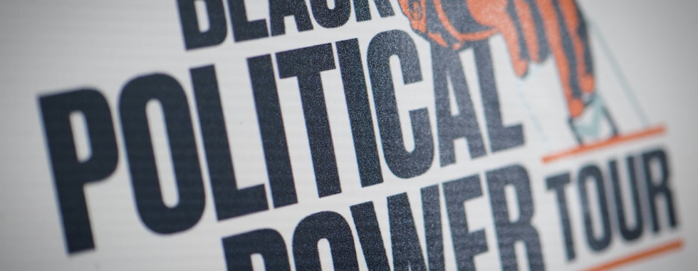 Close-up of the Black Political Power Tour logo featuring bold typography and an illustration of a hand casting a ballot.