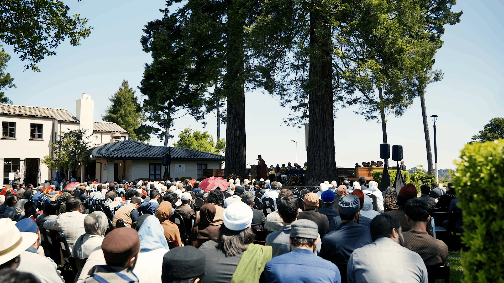 Large audience seated outdoors during a commencement ceremony under tall trees, viewed from the back with the stage area visible in the distance in Berkeley, CA